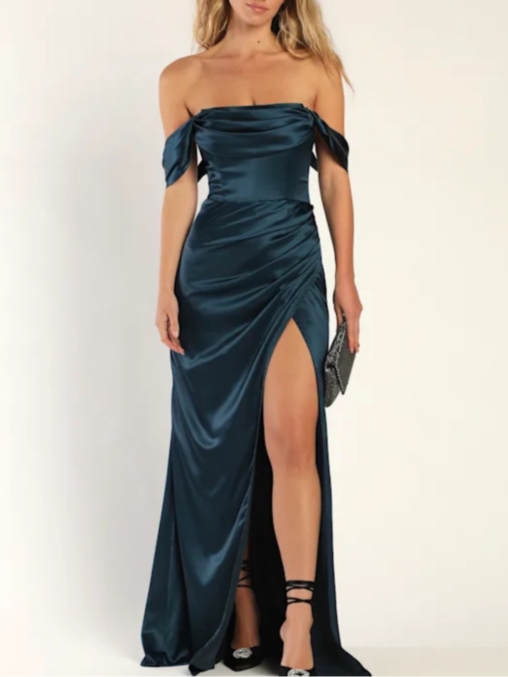 New Lulus Stunning Arrival Off-Shoulder Satin Evening Gown Sz Small